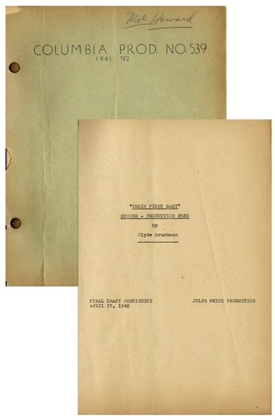 Moe Howard's 29pp. Script Dated April 1942 for The Three Stooges Film ''Sock-a-Bye Baby'' -- With Annotations & Drawings by Moe on Back Cover -- Very Good